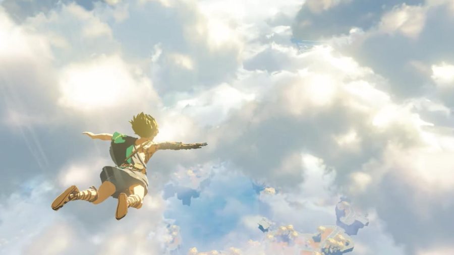 Link flies through the air in the trailer for the upcoming sequel to Breath of the Wild in the Zelda series. Courtesy of Nintendo.