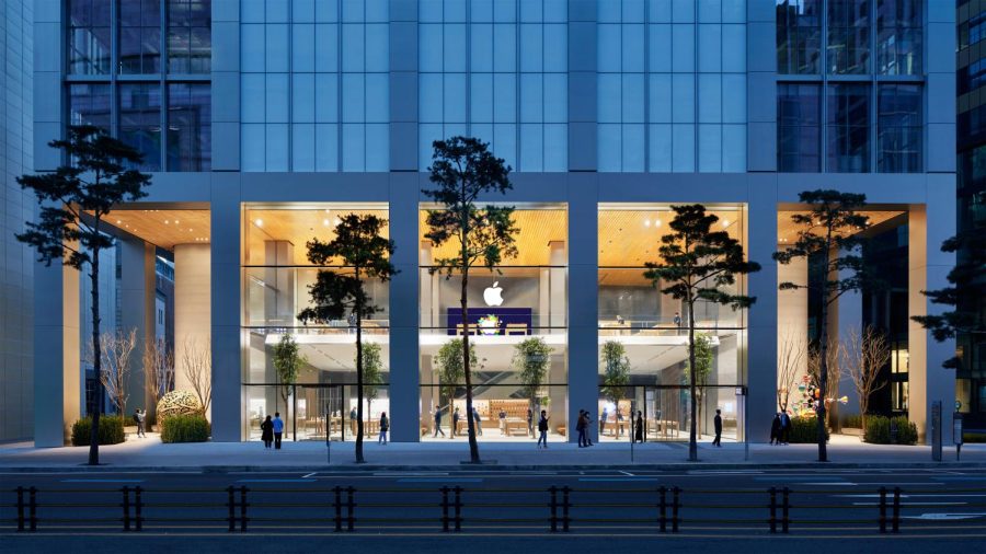 The exterior of the store makes it really pop out of the street, in Apples signature style. Photo courtesy of Apple.
