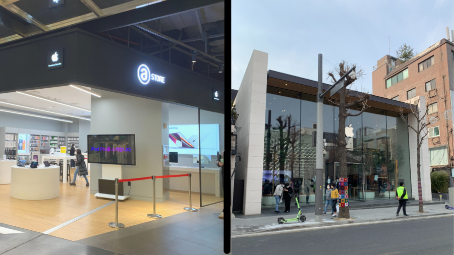 An+apple+reseller%2C+compared+to+the+Garosu-gil+location.+Photos+by+Oliver+Park.
