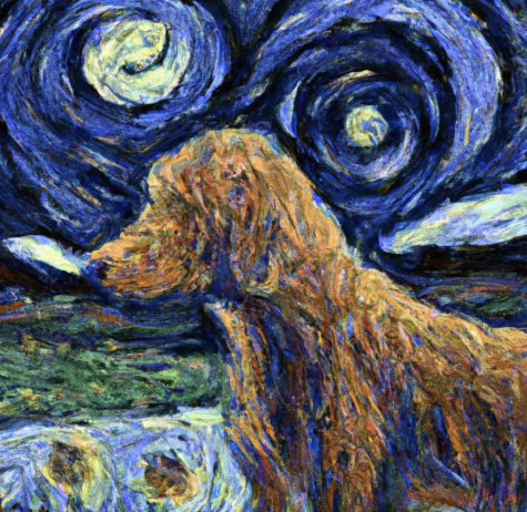 Dog in Gogh’s Starry Night. Artwork created by DALL-E.