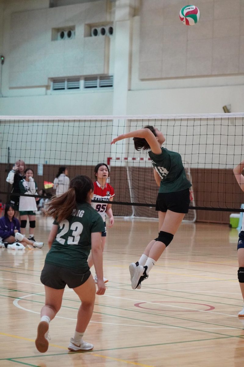 Varsity middle blocker Bonnie Kim approaches the ball and pumps her arms for a straight spike. The crowd watches in awe as the hit smashes down on the other side of the court. Photo by  Ava Cho.