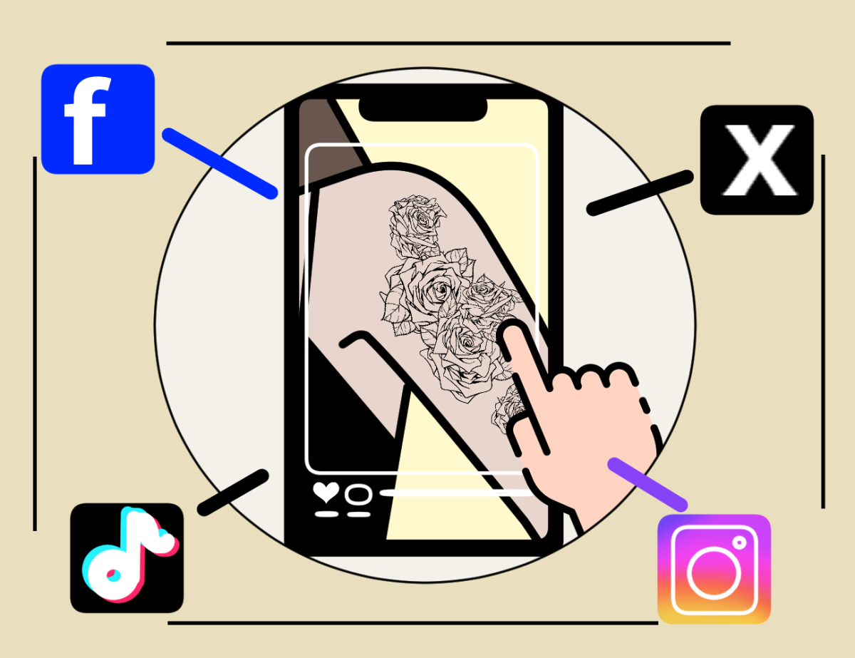 Tattooists have gained support through various media such as Facebook TikTok, X, and Instagram. Graphic by Christine Park. 