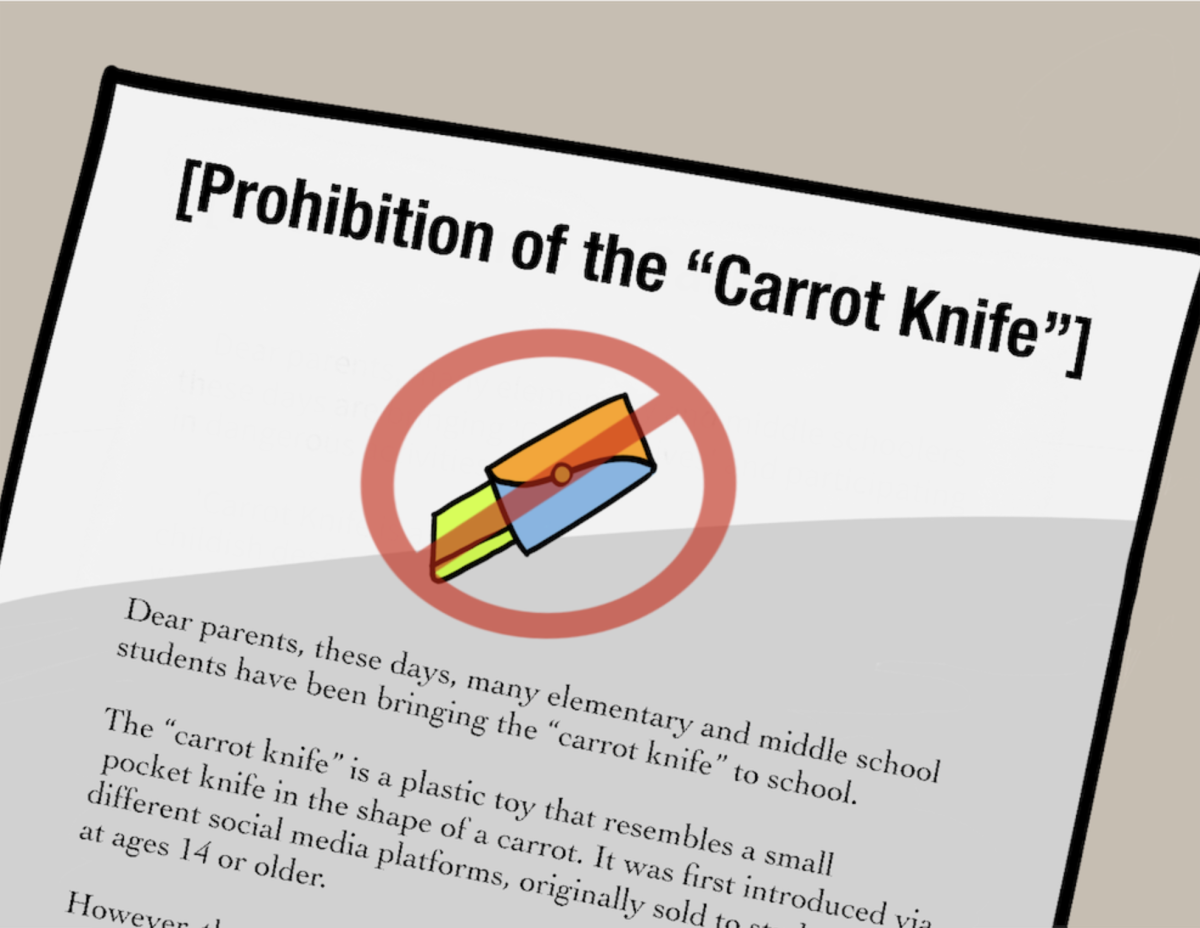 Previously, the carrot knife could only be purchased by those 14 years of age or older. As stores started handing the toy to children without an ID check, the Office of Education started to enforce such previous laws and even issued its ban in academic environments. Graphic by Luna Kang.
