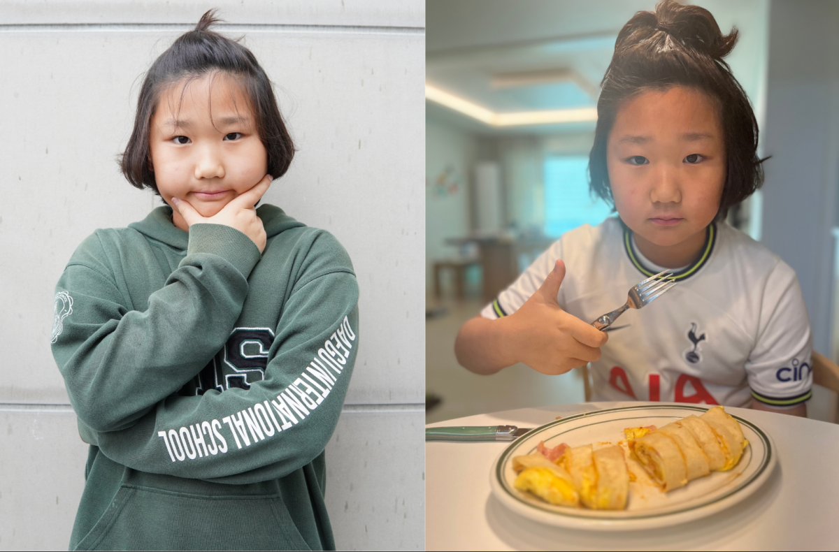 Confident and proud, Pyo presents a homemade omelet wrapped in a warm tortilla, a fusion of flavors crafted with youthful enthusiasm and a sprinkle of kitchen magic. His sincere thumbs-up tells everything.