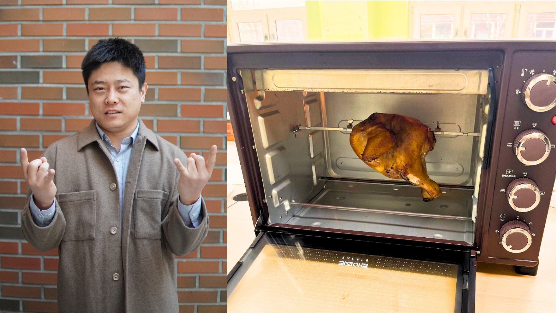 Mr. Zhao roasts a whole chicken to a perfect golden brown in an oven, showcasing the simplicity and joy of cooking with his Chinese Cooking Club. 
