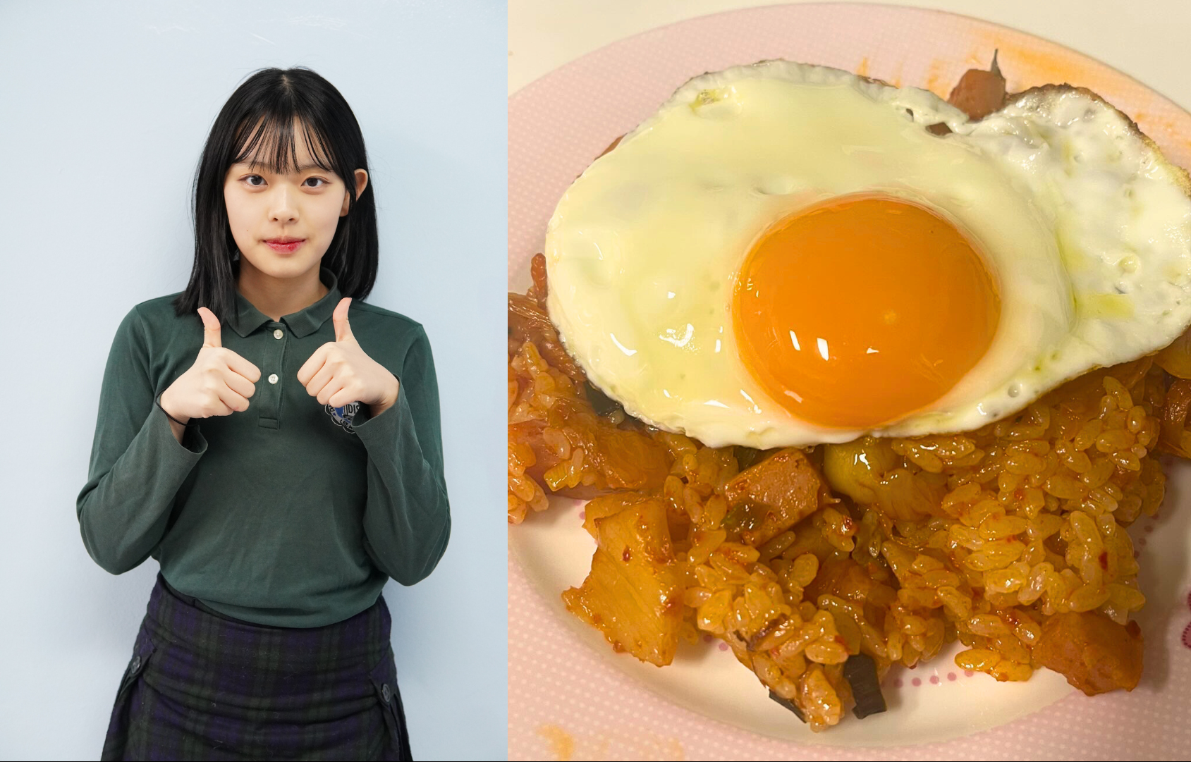 A sunny-side-up crowns a bed of kimchi fried rice filled with fiery flavor and home-style comfort. Hailey, a fledgling chef, cooked a medley of tangy kimchi and ham flavors spontaneously due to her parents sudden absence, bringing warmth and cultural flair to every forkful. 
