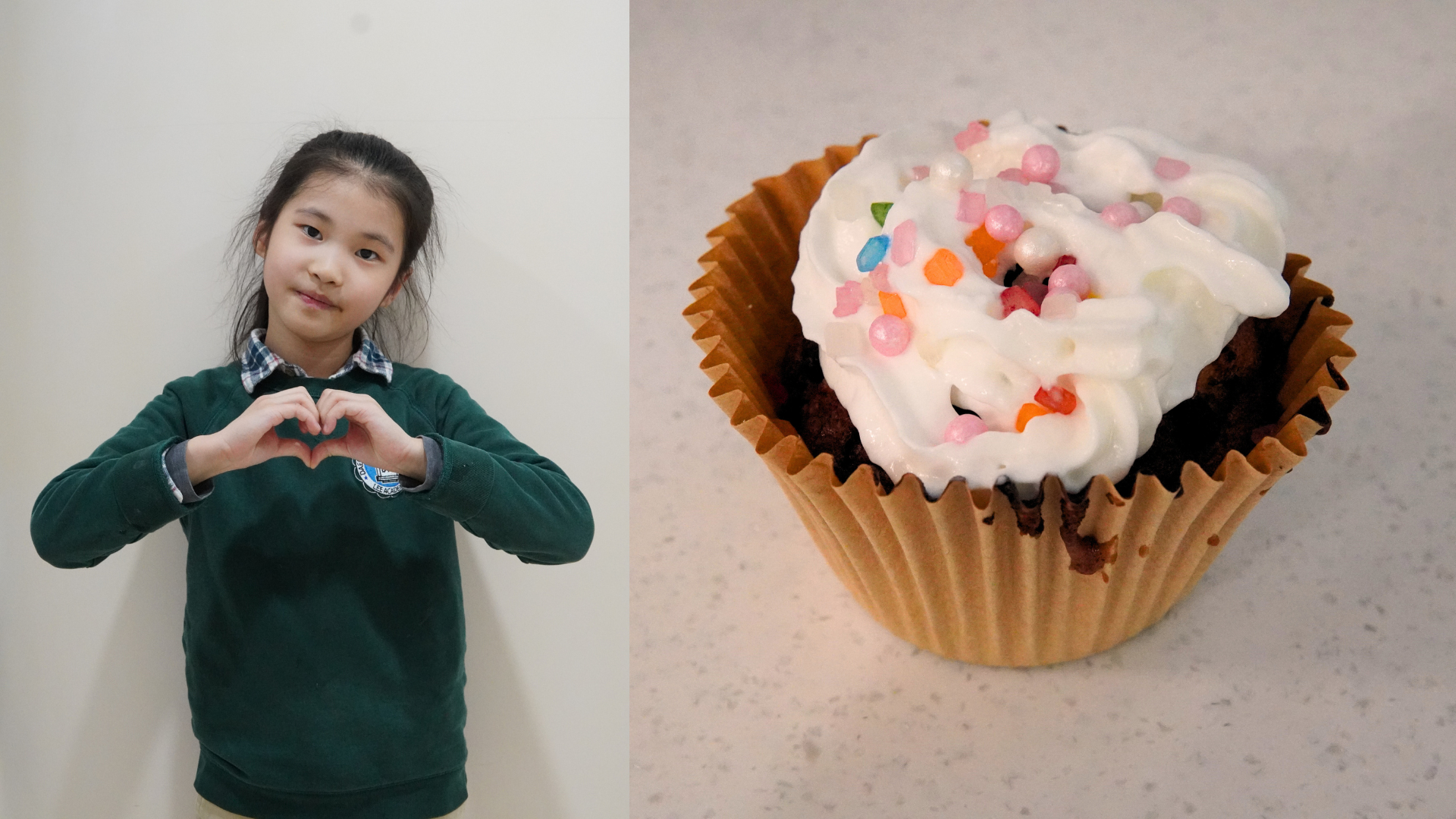 Keren baked a chocolate cupcake with her baking club crew. As a final touch, she added white frosting and her special combination of multicolored sprinkles. 
