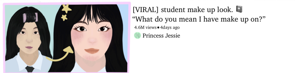 A Korean Beauty YouTuber explains how to achieve a no-makeup-like look to get past the school gates where teachers wait to punish students with cosmetics on. Creators often wear uniforms to attract teenage viewers. 