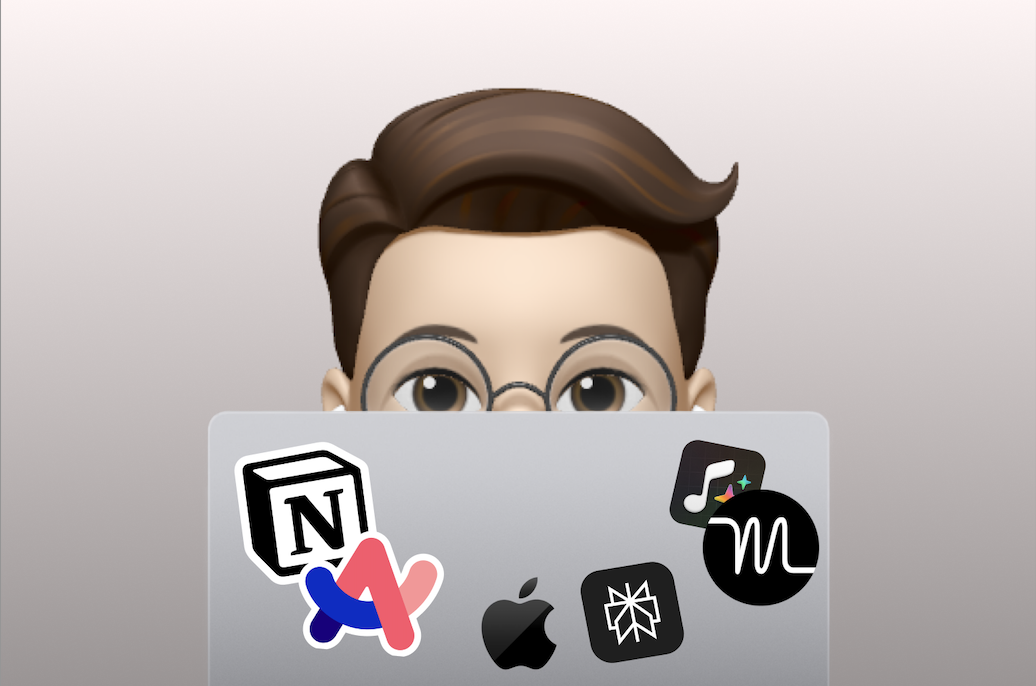 Oliver's memoji stares at his computer. He sets the mood with Playlist AI, uses Motion Calendar and Notion to stay on top of his work, and uses Perplexity AI and Arc Search to enhance his workflow. 