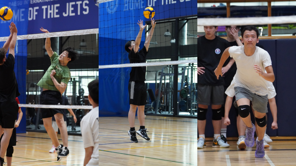 The boys' volleyball team spikes, sets, and conditions at their first practice. Upperclassmen touch up on their skills, and freshmen struggle to adjust to the net. 