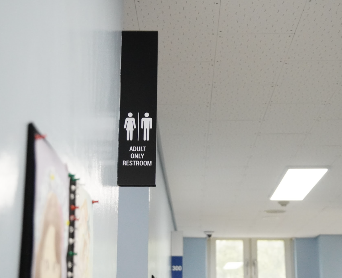 The new and improved adult bathroom signs shine in the hallways, warning off any student. For some, it may take time for them to get used to the change. 