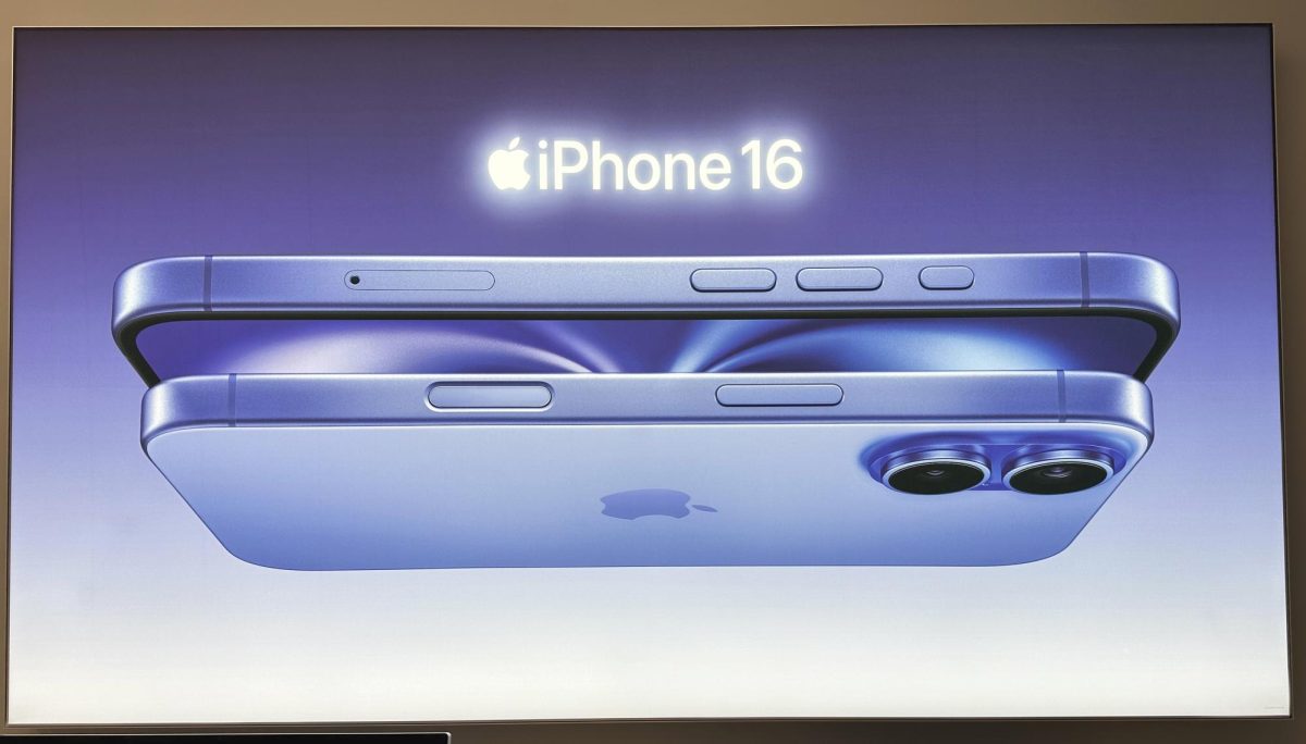 Apple showcases its newest color “Ultramarine” on this poster that is featured in stores. The iPhone 16, although lacking in innovative functions, attempts to make up for its hefty price tag with its vibrant colors.