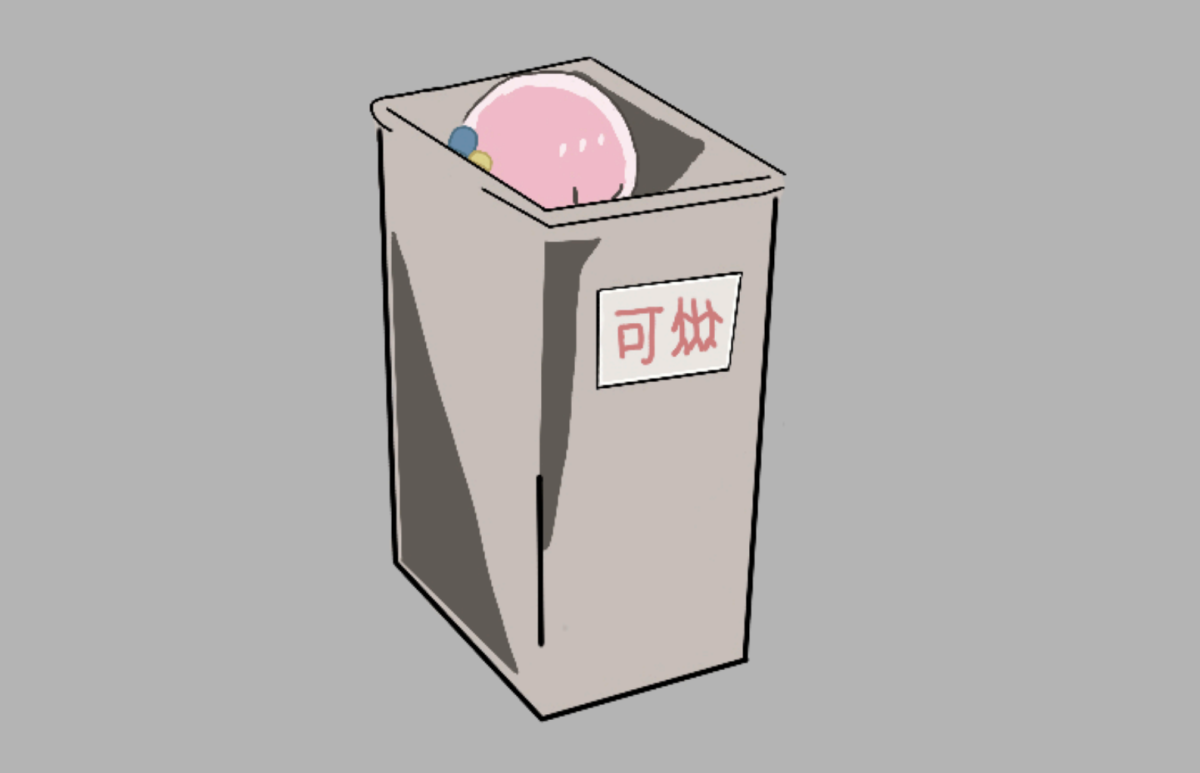 Bocchi secludes herself in a trash can labeled "recyclable." The label can be interpreted as a foreshadowing of her character development later in the movie. 