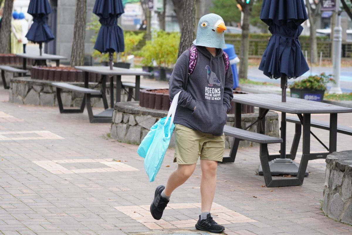 Eighth-grader Ellie Park proudly marches forward in her unique outfit for Halloween.  Students and faculty stare at her as she dons her beloved pigeon mask. 