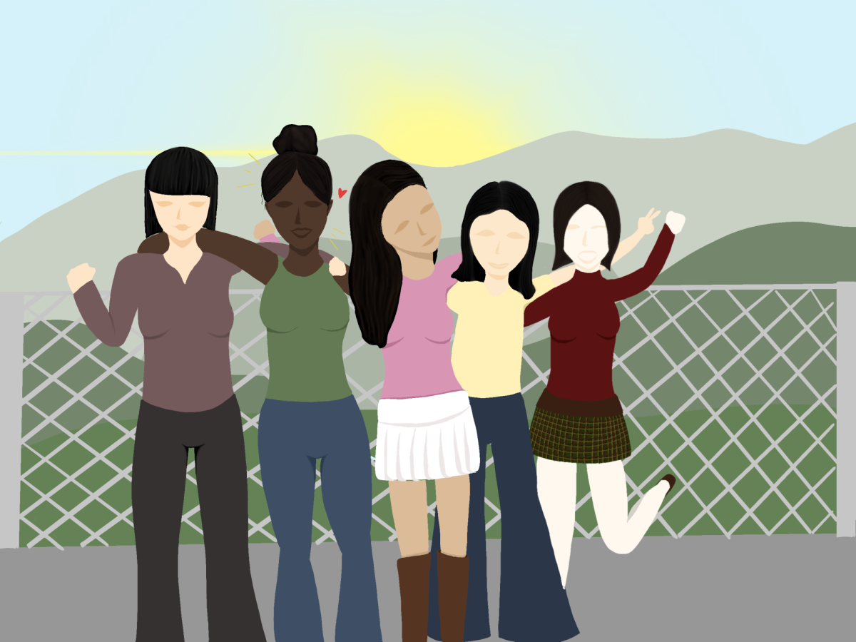 Arms locked over shoulders, an Indian girl among Koreans shows that friendship transcends differences.