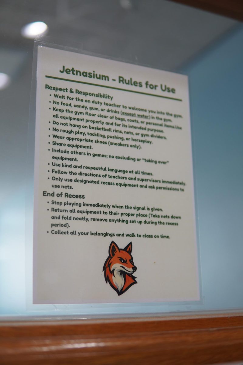 The newly posted “Jetnasium—Rules of Use” greets students at the gym entrance, outlining updated guidelines. Over the summer, DIS administrators created custom posters to encourage proper use of the facility. 