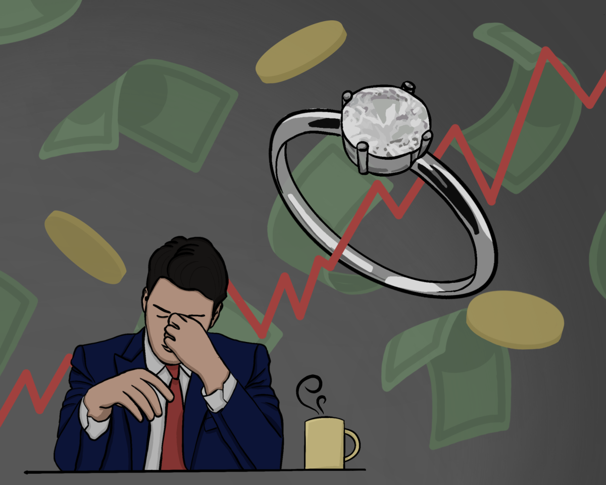 Office workers fall into concern, as they calculate the exorbitant amount of money needed to raise a family. 