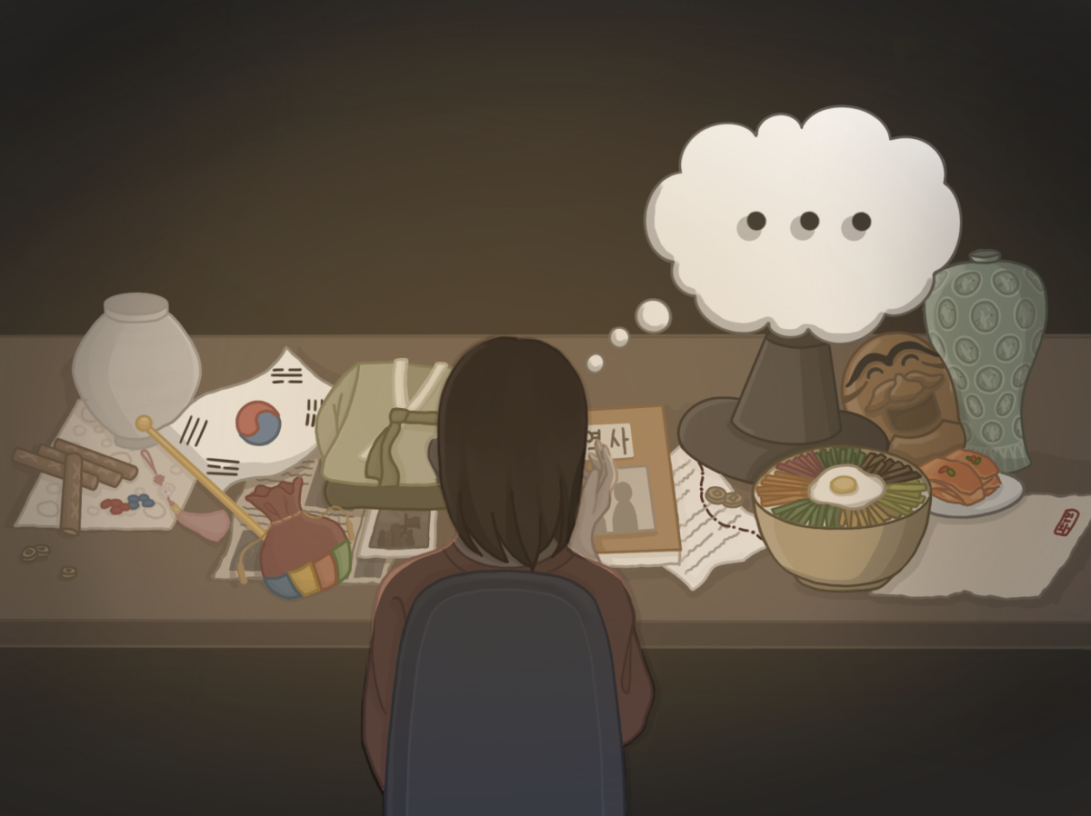 A girl sits lost in thought, not able to identify the cultural items of her Korean root. The heavily Western focused education she received interfered with her understanding of her very own nation's traditions.