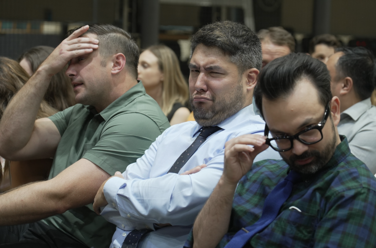 Caught in the moment, secondary teachers Mr. Kaschub, Mr. Hutchings, and Mr. Gum reveal their unfiltered reactions, each in their own unique style. Their responses highlight the mix of energy and emotion in the room. 