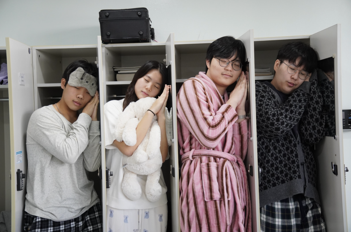 After a lively day in music class, a group of high schoolers doze off in their lockers. The classical music flowing from the music room lulls them to sleep