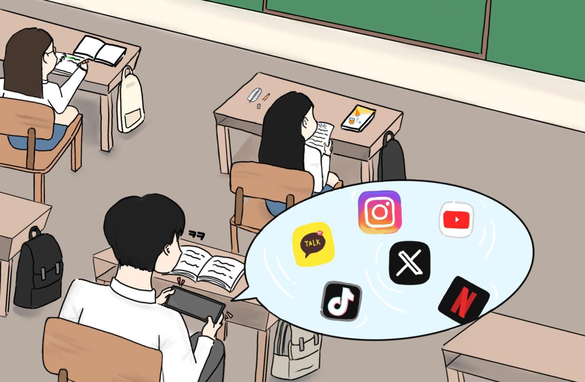 Students discreetly use their phones during class while their classmates focus on learning. In response to the recent smartphone ban policy, unhappy students defy the legislation.