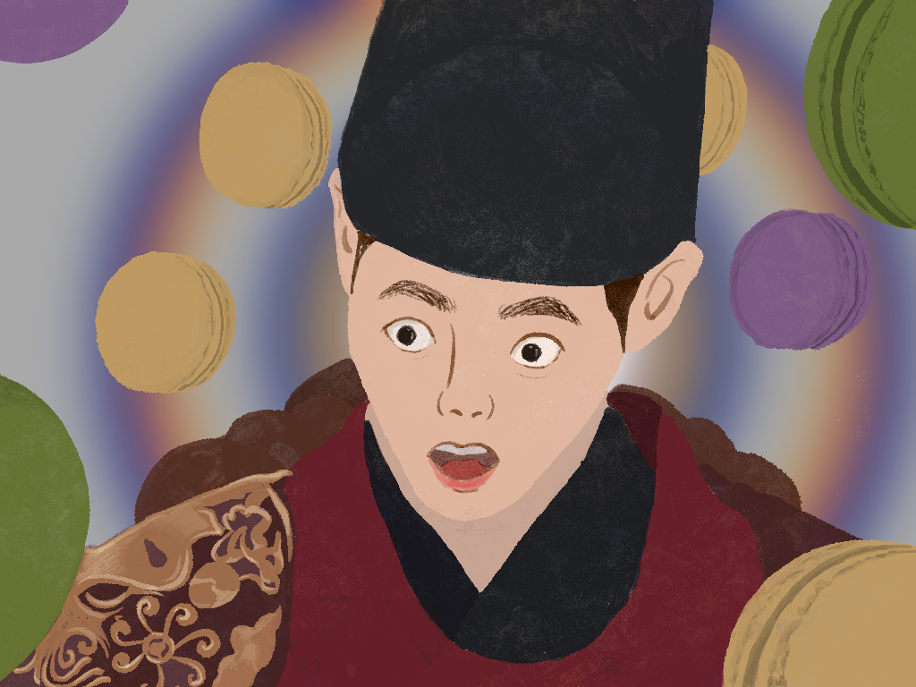 The striking flavor of the dessert brings out a delighted expression from King Yeonsangun. The macarons that surround the emperor’s face symbolize his connection with the food and the emotions he feels.