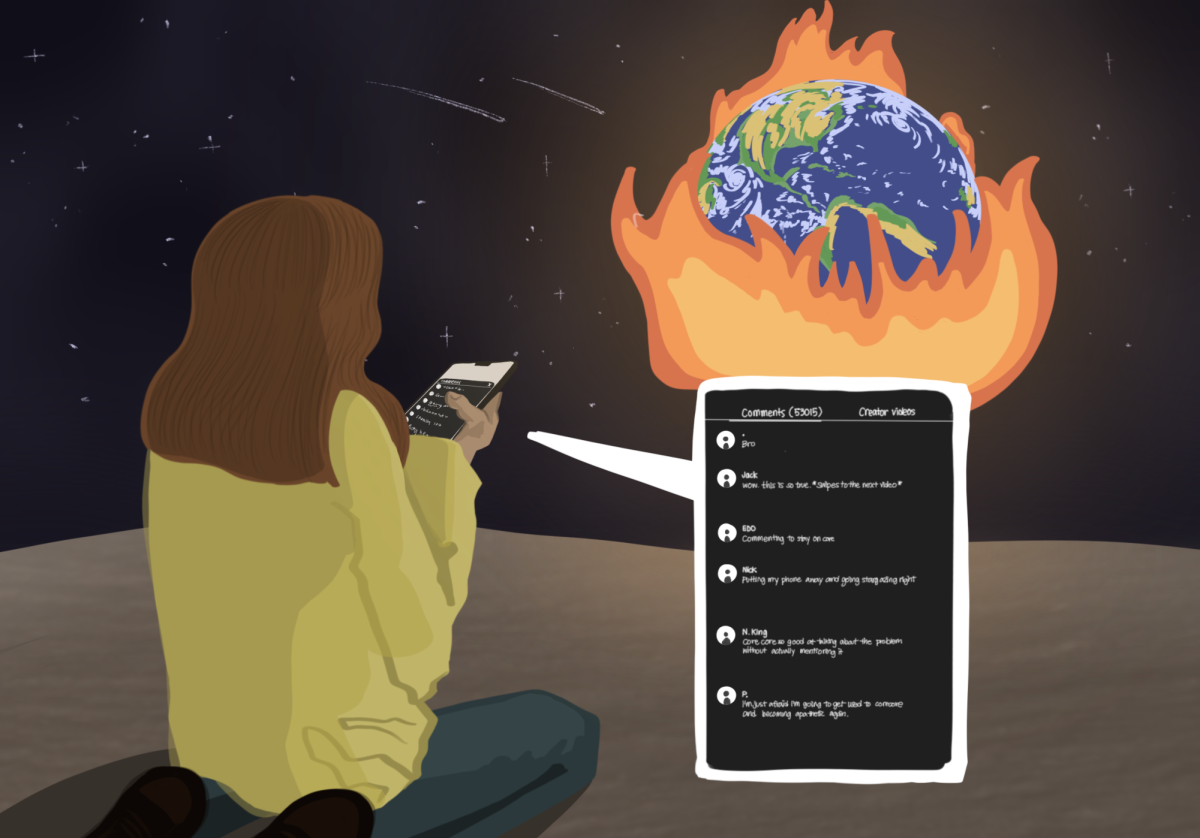 A Gen Zer, viewed from behind, is glued to her phone while the world is engulfed in chaos. The phone suggest a sort of a detachment and an escape from the burning uncertainty.