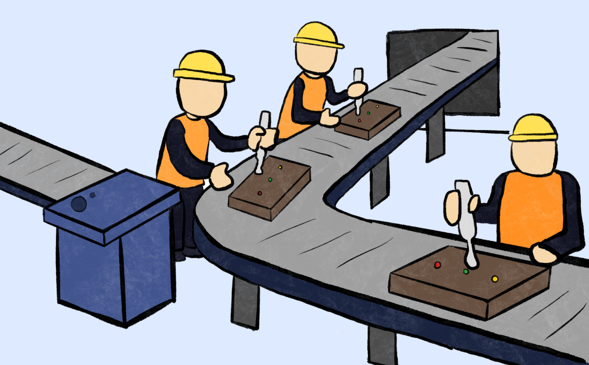 The factory bustles with urgent energy as machines operate around the workers. Men work swiftly, doing their best to stay on schedule.