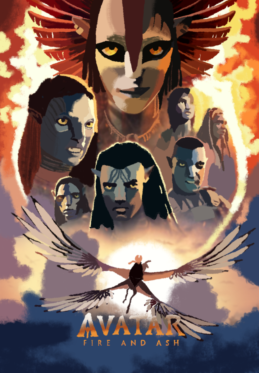 The poster of “Avatar: Fire and Ash” features Jake and his family fighting against Quaritch. Fire-worshipping Ash People join the clash with their signature weapon, flash throwers.