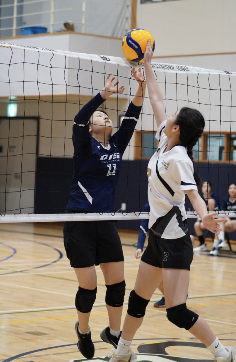 Senior middle blocker Sophia Bae (11) elevates at the net, timing her jump to contest the ball with strong hands and focus. Her presence up front anchors the defense, turning quick reactions into crucial points for her team.
