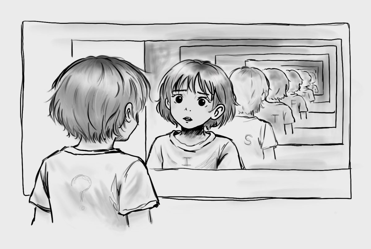 A K-Gen Zer glares at her uncertain reflection, dazed, as her identity splinters into multiple chambers. Loose alphabets wait patiently to be compressed into a tidy four-letter answer. 
