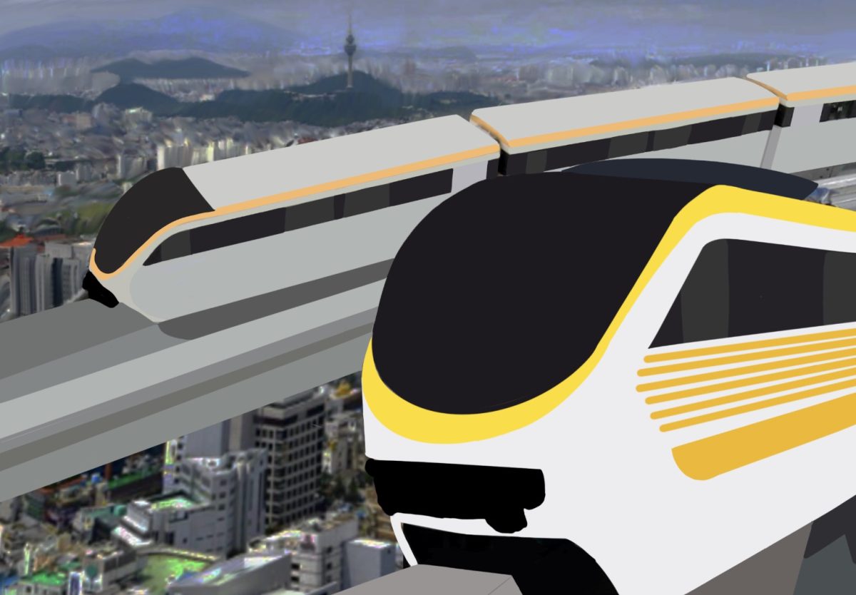 Daegu line 4 railway construction is underway, due to finish by 2030. AGT trains (foreground) will replace the Monorail (background) due to disputes over safety regulations. 