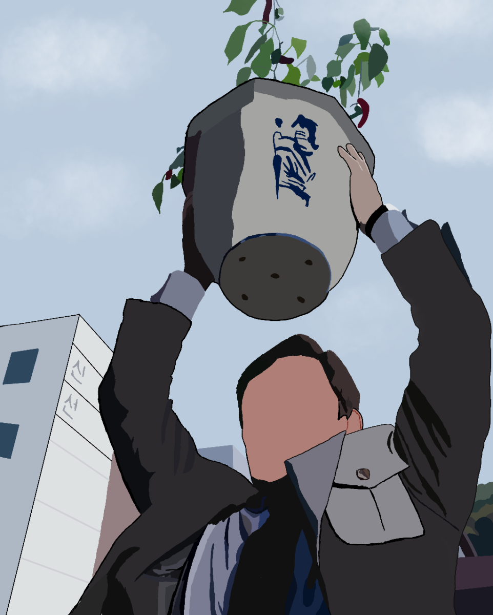 Man-soo stands in a moment of intense inner conflict, holding a flower pot as he prepares to confront someone who is connected to his dismissal from his company. The scene captures the weight of his desperation.