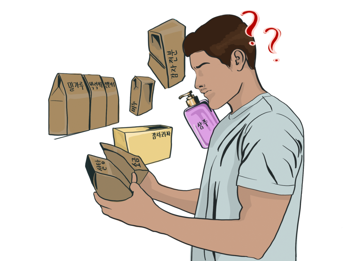 A product written in Korean befuddles an exchange student, who cannot understand the writing on the item. Puzzled, they end up purchasing the wrong item. 
