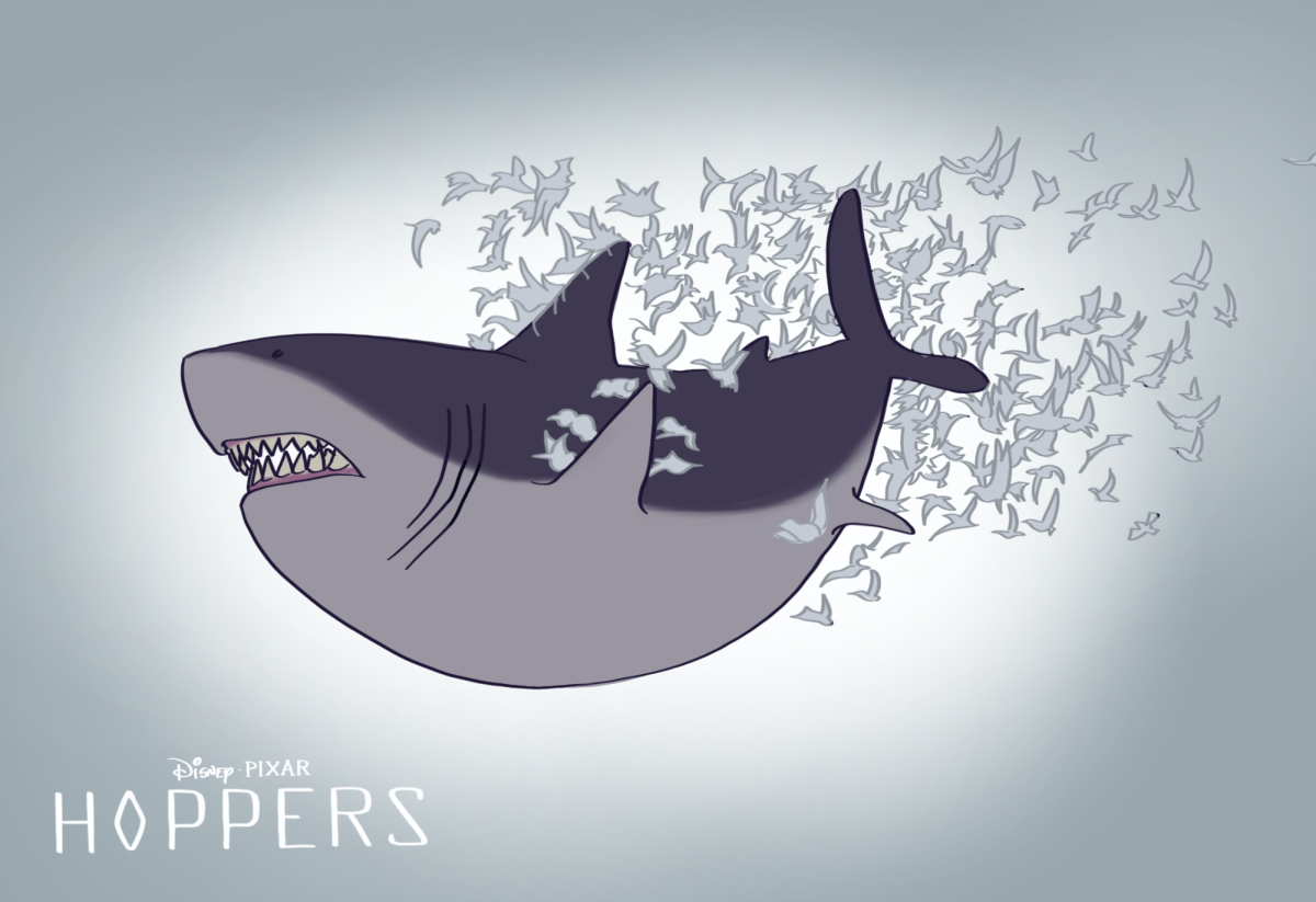 Diane the shark flies up into the sky, charging to attack the mayor. The audience erupts into laughter, caught by surprise.