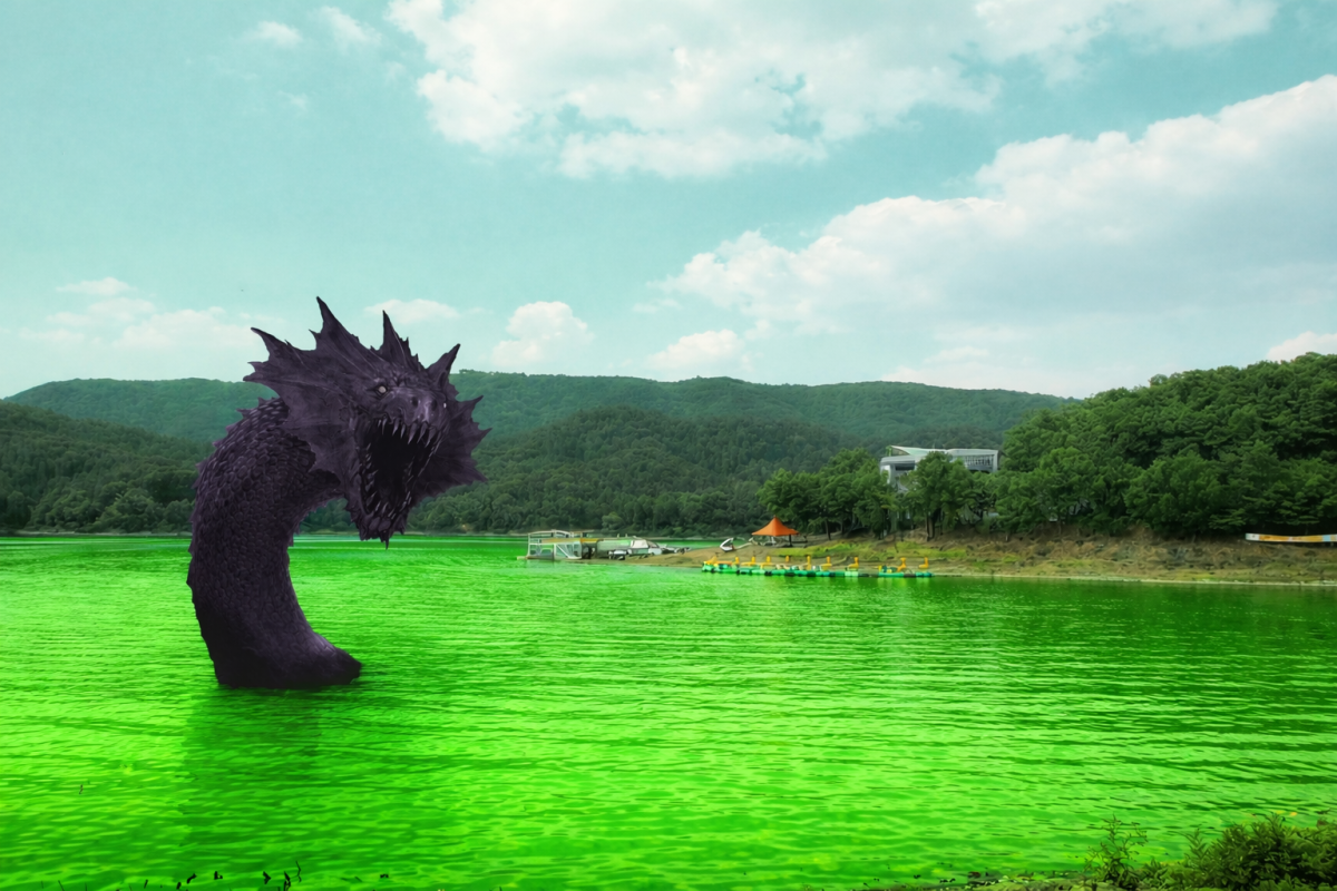 The "sea serpent" in question, emerging from the glowing green water. Believed to be a possible byproduct of the plant's runoff, it has already been affectionately named Imugi by locals, who have begun leaving it snacks.