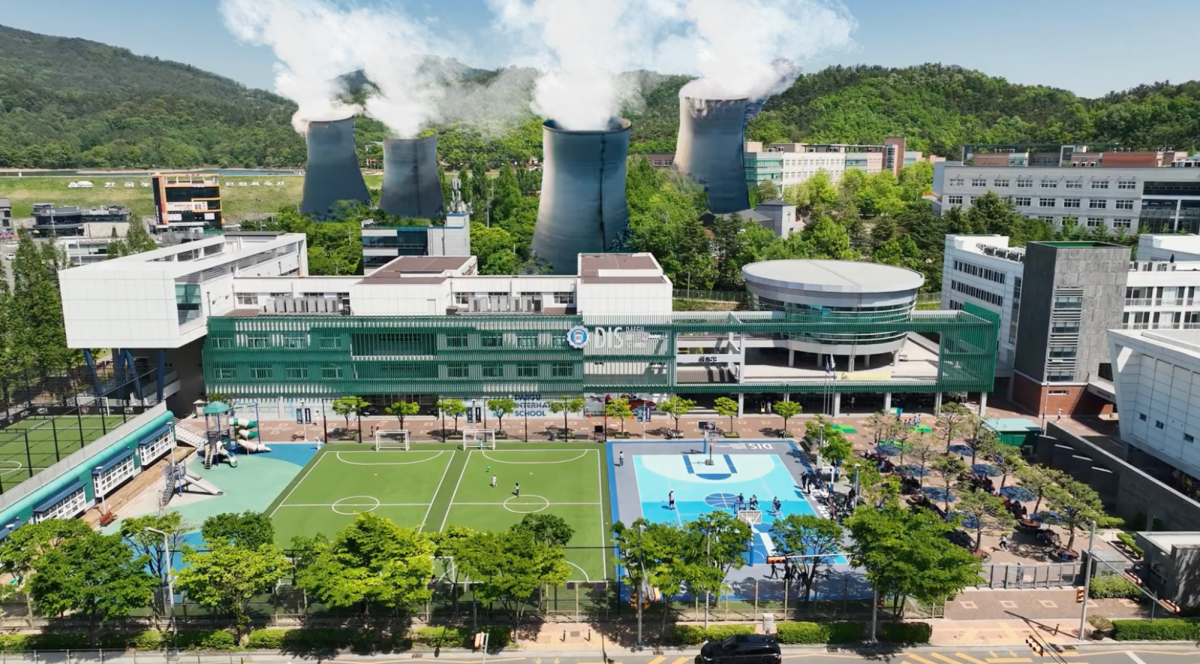 A bright morning at Daegu International School, where students chase their dreams and mutated animals occasionally chase back. The brand-new nuclear reactor keeps everyone positively glowing.