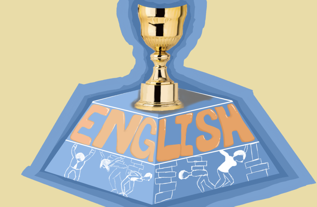A trophy gleams at the top of the pyramid as children strain beneath the weight of imitating English. As the entrenched system keep parents anxious, students suffer as a result. 